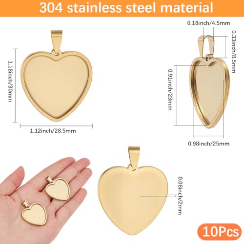 1 Box 10Pcs Gold Heart Bezel Pendant Trays Heart Shaped Bezel Cabochon Trays Bulk Stylish Stainless Steel Cabochon Blanks for DIY Crafts Jewelry Making Bracelet Keychain Charm Adults - style: Gold Heart