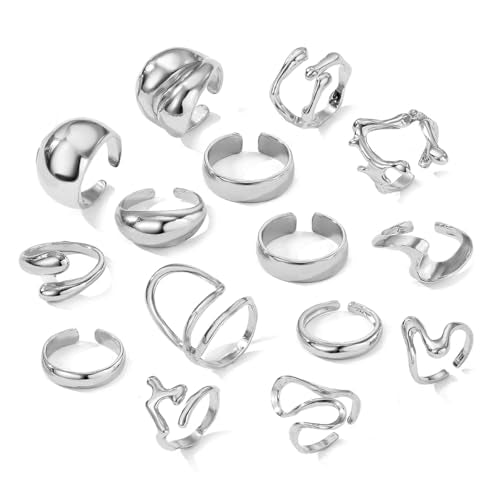 Chunky Rings for Women Non Tarnish 14k Stackable Dome Statement Rings Sets Vintage Dainty Knuckle Open Midi Finger Rings Jewelry Pack Gifts - style: Silvery 15PCS