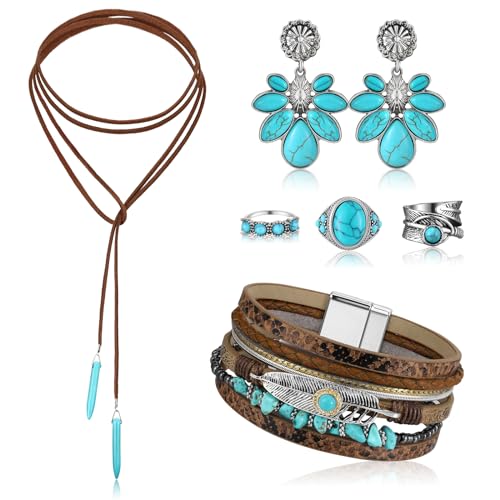 Ecally Bohemian Western Jewelry Turquoise Set Women Country Pendant Long Choker Layered Bracelets Earrings Ring for Women - color: Turquoise, style: Vintage