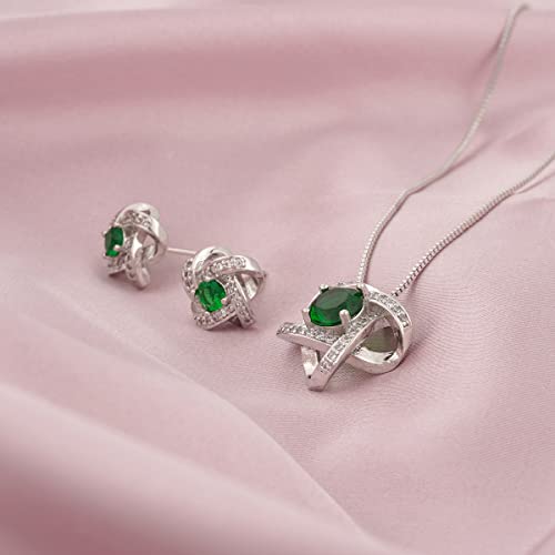 AMYJANE Bridal Jewelry Set for Women - Crystal Cubic Zirconia Love Knot Necklace Stud Earrings Elegant CZ Jewelry Set for Wedding Bride Bridesmaids Gift Set - color: Emerald(14k White Gold Plated)
