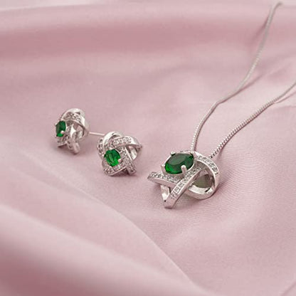 AMYJANE Bridal Jewelry Set for Women - Crystal Cubic Zirconia Love Knot Necklace Stud Earrings Elegant CZ Jewelry Set for Wedding Bride Bridesmaids Gift Set - color: Emerald(14k White Gold Plated)