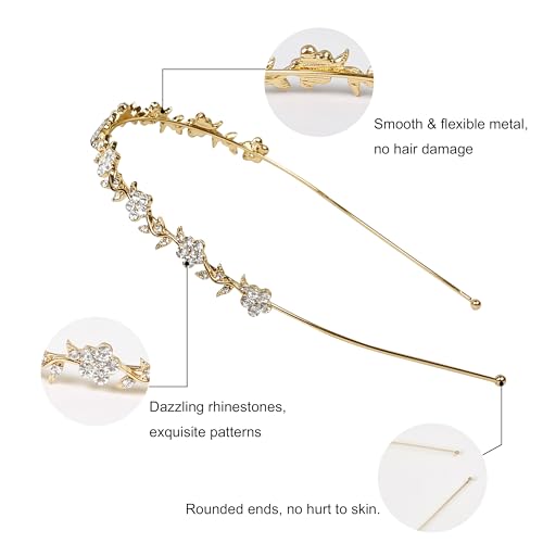Rhinestone Headbands for Women Silver Bridal Headband Crystal Headpiece | Flower Leaf Girl Tiara Crown Head Band Wedding Hair Accessories for Girls, 4 Pcs - color: Gold