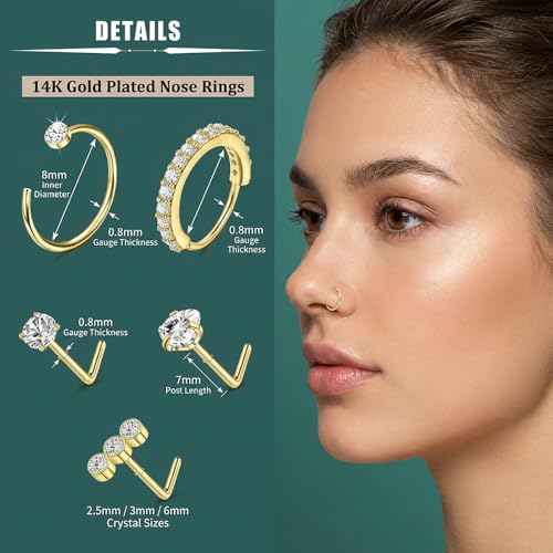 20G Nose Rings Hoops And Studs For Women Men, 12PCS Hypoallergenic Stainless Steel Nose Hoops Dainty Non Tarnish Nose Hoop Set, L Shaped CZ Nose Stud Piercing Jewelry Gold/Sliver - color: 20G-Gold