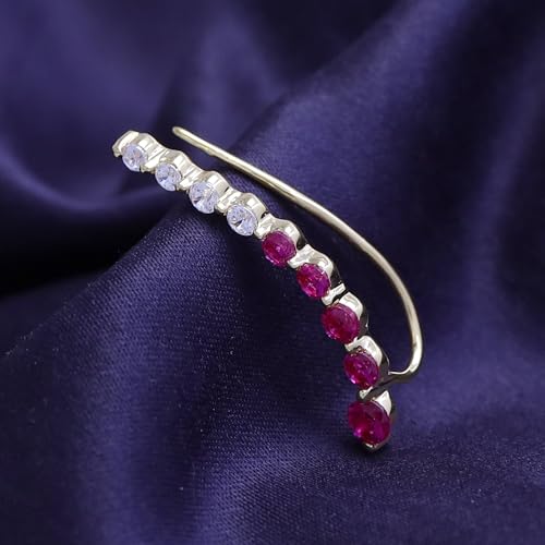 Floating Curved Bar One Piece Left Ear Crawler Earrings With Birthstone | White CZ In 14K Yellow Gold Over Sterling Silver - color: Simulated Ruby