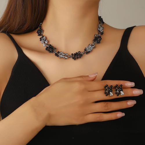 Fashion Bride Silver Gold Plated Black 1920s Leaf Faux Pearls Necklace Earrings Set Wedding Jewelry Set Sparkly Choker Necklace Stud Earrings Set for Women Christmas Gift Set for Women Necklace and Earrings - color: Black