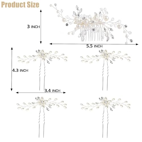 5 Pieces Wedding Hair Accessories: Pearl Crystal Rhinestone Hair Comb, Hair Pins for Brides, Bridesmaids, Women, Girls (Silver, Gold) - color: Silver