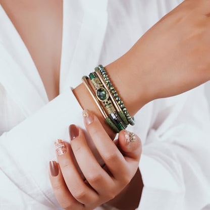 Boho Leather Wrap Bracelets Beaded Stackable Cuff Bracelet Country Concert Outfits Cowboy Cowgirl Western Jewelry Gifts for Women - color: Crystal-Green