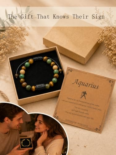 Zodiac Bracelet for Women and Men, Zodiac Sign Natural Stone Beaded Bracelet, Adjustable Horoscope Astrology Bracelet with Zodiac Card, Birthday Gift for Her Him - color: Aquarius