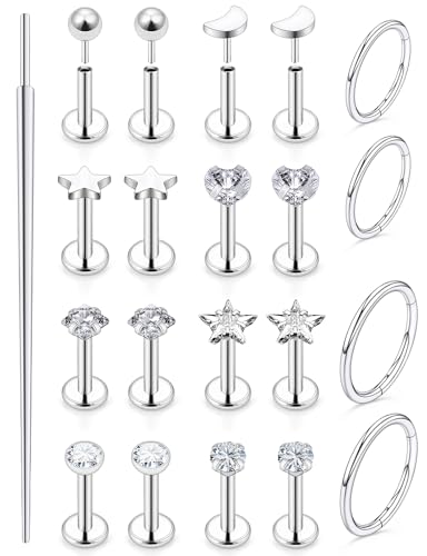20G 18G 16G Threadless Lip Labret Medusa Monroe Nose Piercing Jewelry Surgical Steel Snake Bites Lip Rings Flat Back Push in Cartilage Tragus Helix Conch Earring Stud 6mm 8mm 10mm Bars - color: Silver-20G（0.8mm) - Bars:6mm - Hinged Clicker Rings:8mm 10mm