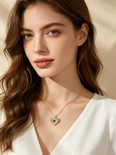 14K Gold I Love You to the Moon and Back Necklace for Women, Double Heart Birthstone Necklace, Moon Star Love Jewelry, Christmas Valentines Mothers Day Birthday Gifts for Wife Mom Girlfriend - color: 05-May Birthstone