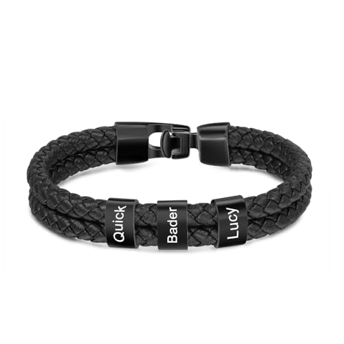 Personalized Braided Leather Bracelet with Photo Custom Name Beads Cuff Bangle Jewelry Gifts for Men Dad Husband Grandpa Fathers Day - color: Style 2-Black-8.5inch