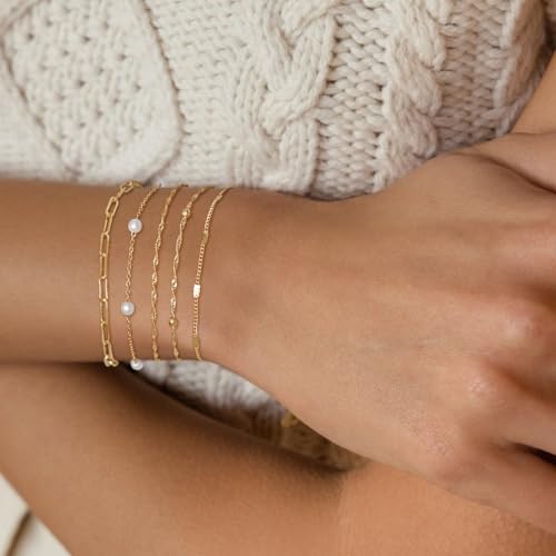 Dainty 14K Gold Plated Bracelets for Women Waterproof, Non Tarnish Gold Jewelry Sets, Thin Stackable Link Paperclip Chain Bracelet Pack Fashion Accessories Gifts for Womens - style: 5Pcs BRACELET SET-05