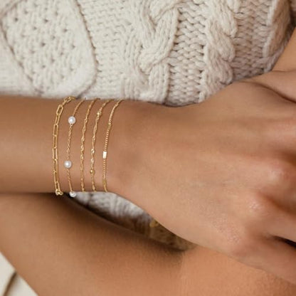 Dainty 14K Gold Plated Bracelets for Women Waterproof, Non Tarnish Gold Jewelry Sets, Thin Stackable Link Paperclip Chain Bracelet Pack Fashion Accessories Gifts for Womens - style: 5Pcs BRACELET SET-05