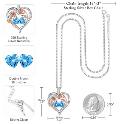 Iefil Birthstone Necklace for Women - Rose Heart Necklace | 925 Sterling Silver, Gift Box Packaging, Anniversary Birthday Gifts for Wife Mom Daughter - color: 03-03-Mar-Mar Birthstone