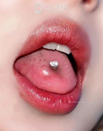 OUFER Titanium Tongue Piercing Jewelry, 14G Internaly Thread Tongue Rings for Women, Clear CZ Heart Shaped Body Piercing Jewelry-16mm