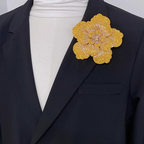 Rhinestone Flower Brooch Pin for Women Men Elegant Sparkly Crystal Camellia Floral Lapel Pins Shawl Dress Suit Clothes Accessories Wedding Party Fashion Jewelry 105mm - color: Gold