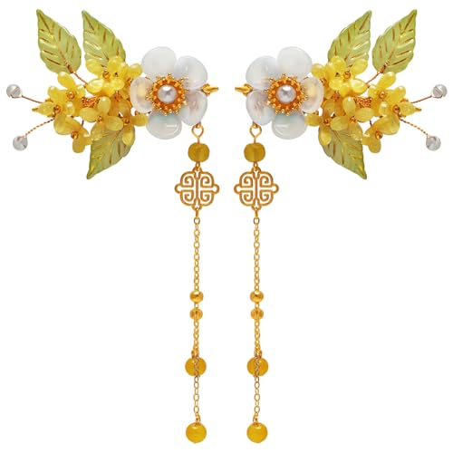 A Pair Wedding Hair Clips, Handmade Floral Design Alligator Crystal Hair Clips Pearl Barrettes, Rhinestones Flower Clips Pearl Headpieces Hair Pins Hair Accessories for Women Girls (Yellow) - color: Yellow
