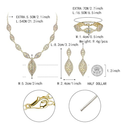 Flyonce Wedding Jewelry Set Rhinestone Crystal Bridal Leaf Necklace Drop Dangle Chandelier Earrings Sets for Women - color: Iridescent Clear AB Gold-Tone
