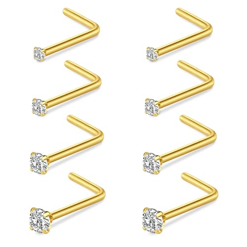 20G Nose Rings Hoops Studs, Stainless Steel Round CZ L Shaped Nose Screw Straight Studs, Hypoallergenic Diamond Double Nose Hoops, Clear Nose Rings For Women Men Nostril Piercing Jewelry - color: Gold 8 Studs