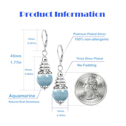 Natural 10mm Stone Beads Drop Earrings,Retro Silver Round Quartz Crystal Gemstone Beads Dangle Earrings for Women - color: A08_Aquamarine