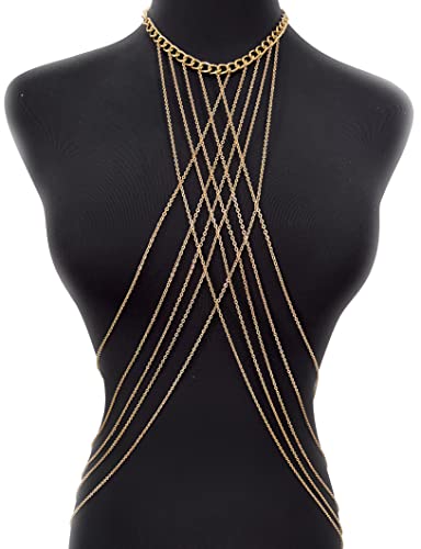 Harness Body Chain Sexy Layered Tassel Belly Waist Chain Necklace Boho Hot Bikini Nightclub Party Beach Body Jewelry for Women and Ladies Gold Tone - style: A:Cross