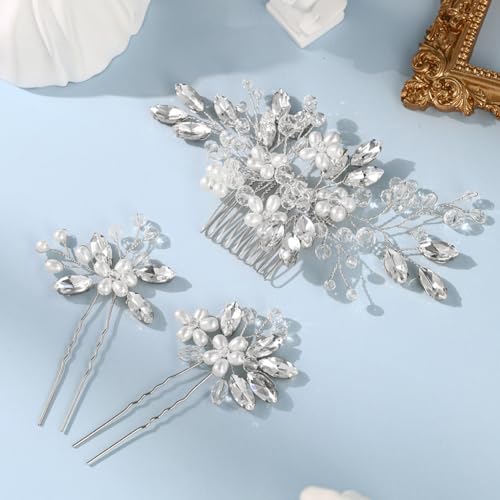 Wedding Hair Accessories Crystal bridal hair pins Rhinestone Pearl hair comb Brides and Bridesmaids, Girls, Women(SILVERY) - color: Silver