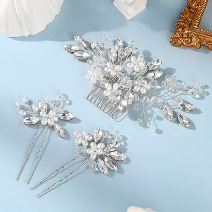 Wedding Hair Accessories Crystal bridal hair pins Rhinestone Pearl hair comb Brides and Bridesmaids, Girls, Women(SILVERY) - color: Silver