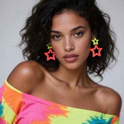Colorful 80s 90s Neon Star Earrings for Women Retro Glow Party Costume 80s 90s Acrylic Dangle Earrings Outfit - style: Symmetrical Yellow and Orange