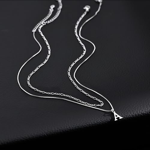 MBW Dainty Silver Layered Initial A-Z Pendant Necklaces for Women Thin | Simple Waterproof 925 Silver Plated Necklace Figaro Choker Monogram Name Jewelry Set Personalized - color: Silver InitIal NK-H