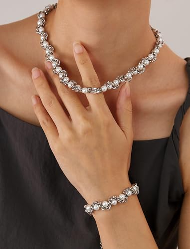 Pearl Chain Necklace for Women, Valentine's Day Mother's Day Jewelry Gifts for Her, White Silver Gold Plated Stainless Steel Link Faux Beads, Bridal Wedding Anniversary Birthday Christmas