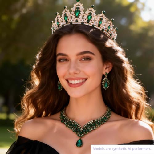 Kamirola Bridal Wedding Tiara Crown Jewelry Set for Women/Brides/Bridesmaids Crystal Jewelry Set for Wedding Prom Party Bridal Crystal Necklace Earrings Bracelet Set(TR60) - color: Gold Green