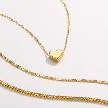 Poxtex Layered Gold Necklaces for Women, Stackable Dainty 14K Gold Silver Plated Trendy Simple Heart Diamond Cross Bow Circle Pendant Paperclip Choker Dot Chain Necklace,Jewelry Set Gifts for Women - color: Gold, style: Heart2