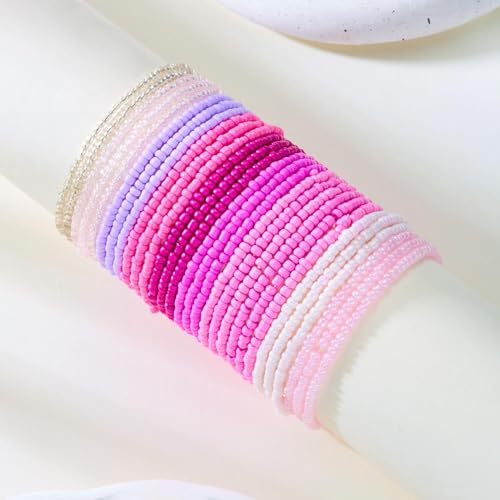 16-30Pcs Handmade Bohemian Colorful Crystal Seed Beads Stackable Adjustable Elastic Stretch Multilayerd Bracelets for Women Summer Vacation Beach Boho Bangle Jewelry - color: pink
