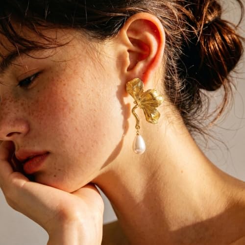 Chunky Gold Plated Flower Statement Drop Earrings for Women | Hypoallergenic 18K Gold Plated Textured Petal Wing, Large Statement Dangle Earrings for Wedding Party - color: Three Petals Pearl