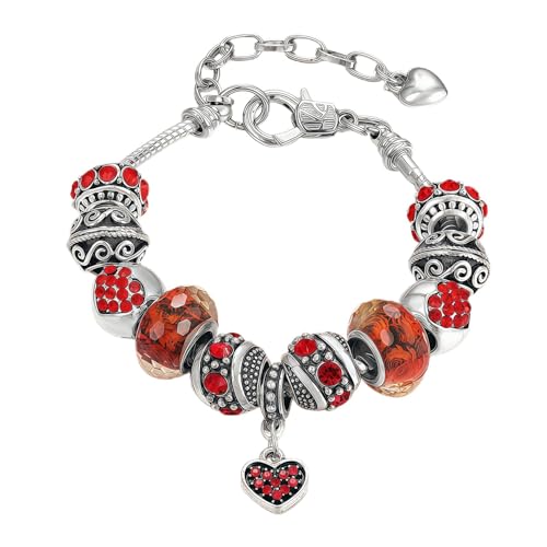 Pink Hearts Silver Plated Charm Bracelet, DIY Jewelry for Women with Beads, Charms, and Adjustable Snake Chain, Fits 7.5"+1.5" - color: Red, size: 18cm