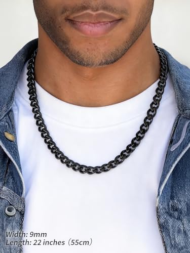 FindChic Men Curb Chain Necklace 18K Gold Plated/Stainless Steel/Black Chunky Double Tight Cuban Link Hip Hop Neck Chains for Men Boys 3.5MM/5MM/6MM/7MM/9MM/12MM 14''-30'' 8 Length Options (Send Gift Box) - color: A.9mm Width-Black, size: 18 inches