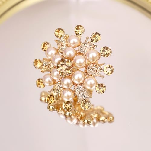 Elegant Big Crystal Ring for Women Gold Stacking Pearl Rhinestone Flower Rings Open Finger Adjustable Crystal Statement Ring Jewelry for Bridal Wedding - color: Crystal 1-gold