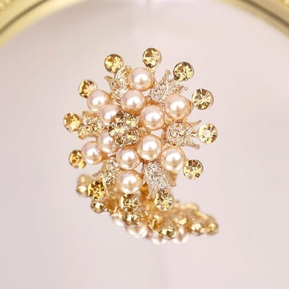 Elegant Big Crystal Ring for Women Gold Stacking Pearl Rhinestone Flower Rings Open Finger Adjustable Crystal Statement Ring Jewelry for Bridal Wedding - color: Crystal 1-gold