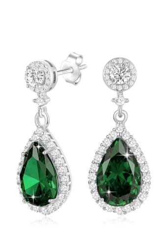 Silver Diamond Dangle Earrings for Women Rhinestone Teardrop Crystal Cubic Zirconia Drop Dangling Wedding Costume Jewelry - color: 05.May-White Gold Plated | Emerald Green