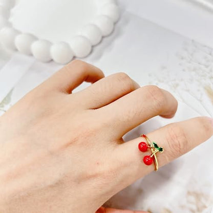 Cute Cherry Red Enamel Statement Ring for Women Summer Fruit Food Green Leaves Stainless Steel Finger Rings Stackable Sweet Adjustable Open Wrap Band Comfort Fit Fashion Jewelry for Girlfriend Sisters