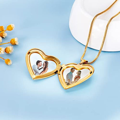 Farfume Personalized Photo Necklace for Women/Men, Memorial Jewelry Gifts | Holds 2 Pictures Pendant, Custom Engraved Text, Beautiful Locket for Girls, Durable Stainless Steel, Mothers Day Gifts - color: Heart Locket Gold