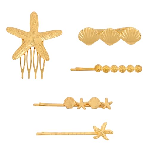 Wecoe Gold Starfish & Seashell Metal Hair Clips Side Comb Set Fancy Decorative Bobby Pins – Beach Wedding Hair Accessories for Women
