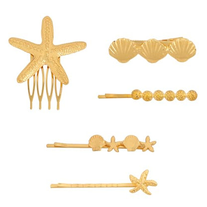 Wecoe Gold Starfish & Seashell Metal Hair Clips Side Comb Set Fancy Decorative Bobby Pins – Beach Wedding Hair Accessories for Women