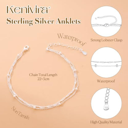 Kenivira 925 Sterling Silver Ankle Bracelets For Women Dainty Layered Waterproof 18K Gold Plated Anklets For Women Beach Adjustable Anklet Foot Jewellery - color: layerd-S