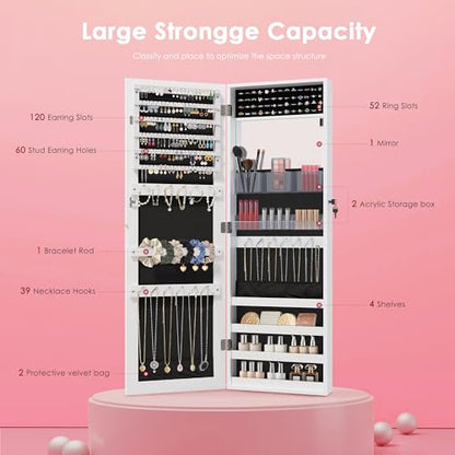 PEALSN Full Length Mirror Jewelry Organizers and Storage Cabinet, Wall or Door Mounted, Necklace Ring Earring, and Makeup Storage Lockable Gift Armoire, White.