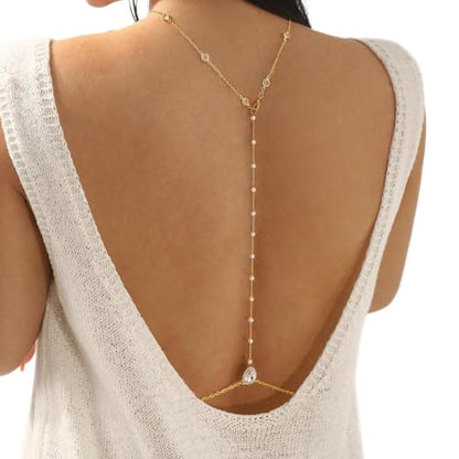 Rhinestone Back Chain Necklace,Crystal Drop BackDrop Jewelry,Wedding Bridal Long Pearl Back Necklace Jewelry for Women Backless Dress - color: Gold