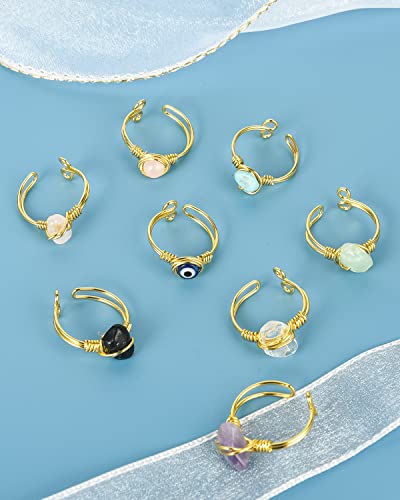 9 PCS Healing Crystal Ring, Adjustable Wire Wrapped Rings Irregular Gemstone Rings Set for Women - color: Gold-Style A