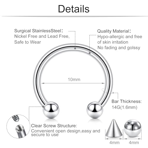 D.Bella 22G 20G 18G 16G 14G 12G 10G 8G 6G 4G 2G 0G 00G Surgical Steel Nose Septum Horseshoe Hoop Eyebrow Lip Navel Belly Nipple Piercing Ring Helix Tragus Daith Rook Captive Earrings Replacement Spikes - color: A1 -4pcs, silver & black, size: 14g,10mm inn