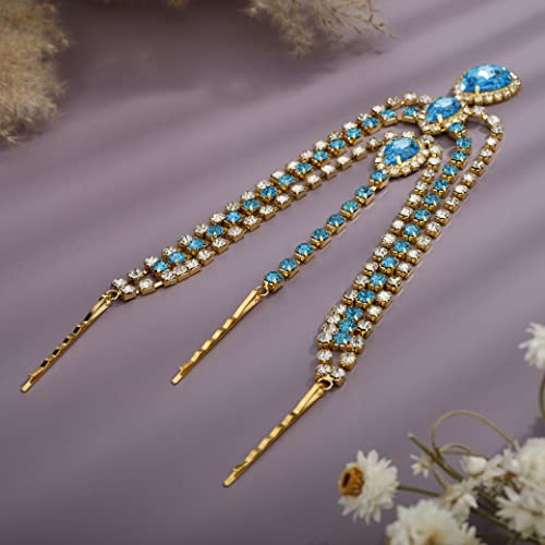 Bohemian Full Gold Rhinestone Chain Blue Crystal Head Chain Clip Drop Pendant HeadPieces Forehead Headband Hair Accessories for Wedding Brides Party Prom Costume (Gold Blue) - color: Gold Blue