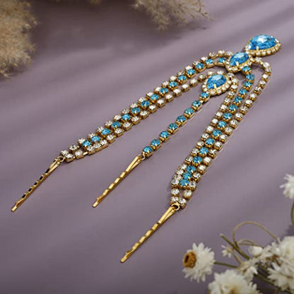 Bohemian Full Gold Rhinestone Chain Blue Crystal Head Chain Clip Drop Pendant HeadPieces Forehead Headband Hair Accessories for Wedding Brides Party Prom Costume (Gold Blue) - color: Gold Blue